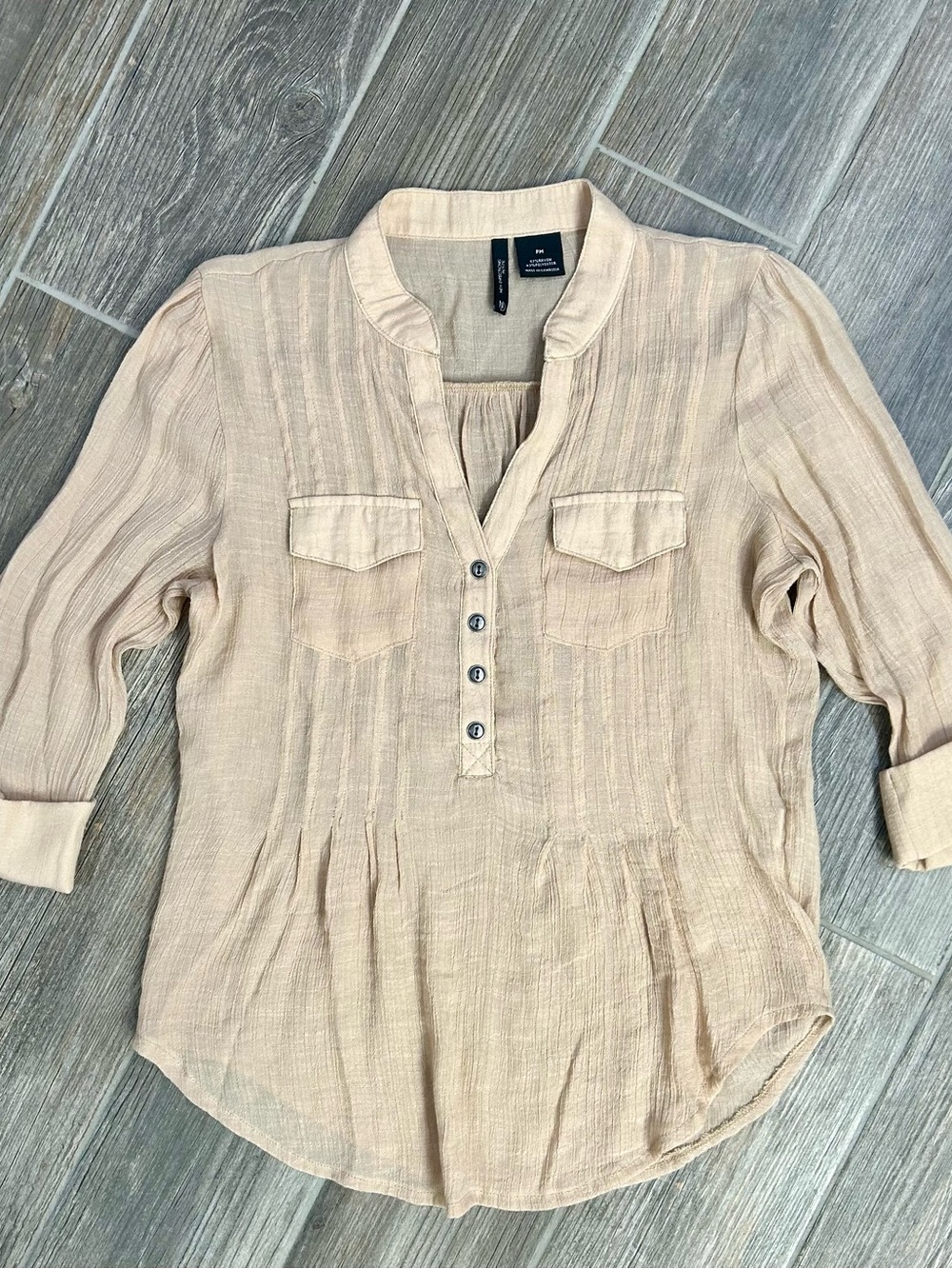 New Directions Petite Beige Crinkle Gauze Henley Blouse Top PM